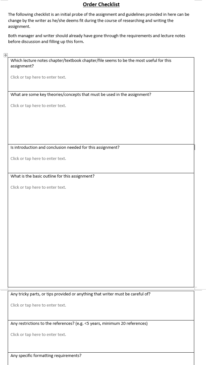 order checklist