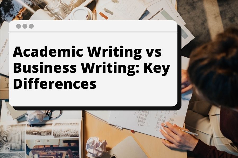 academic writing vs business writing banner image desks with laptop and papers
