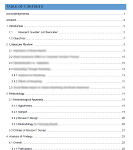 sample dissertation table of content